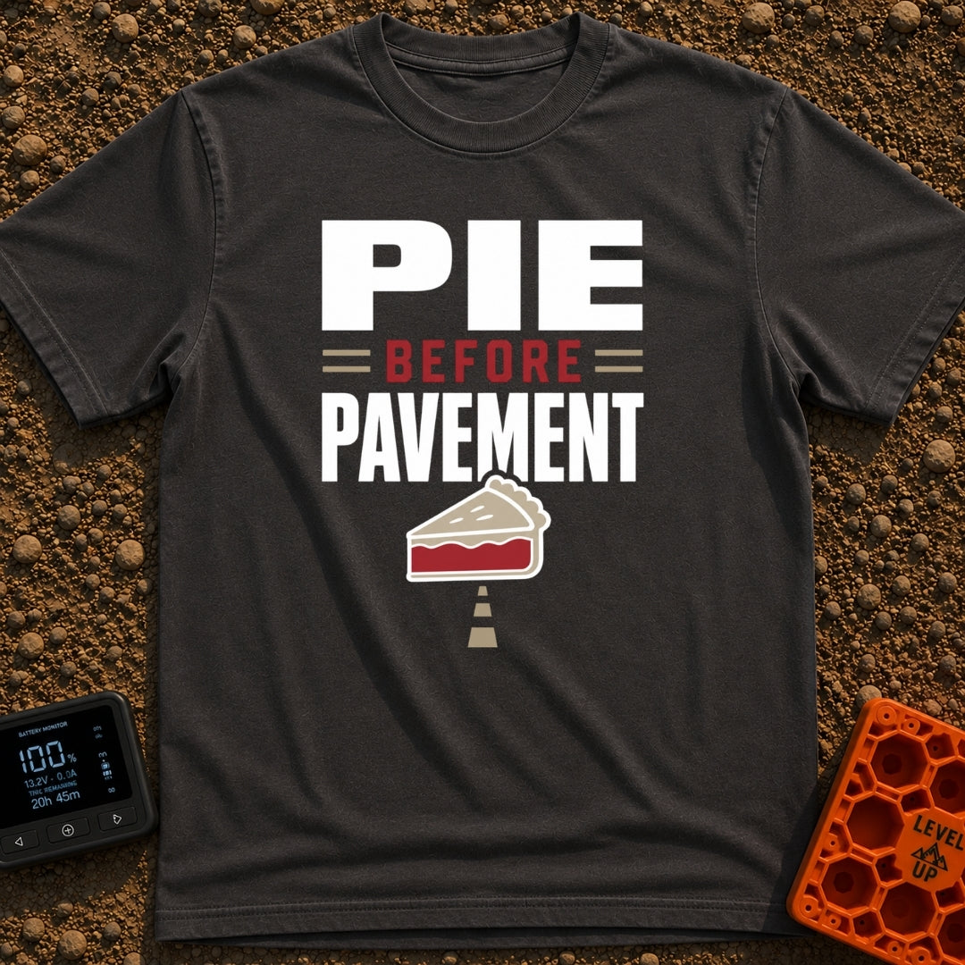 Pie Over Pavement - T-Shirt in Graphite - A typographic design reading "PIE = BEFORE = PAVEMENT" above an illustration of...