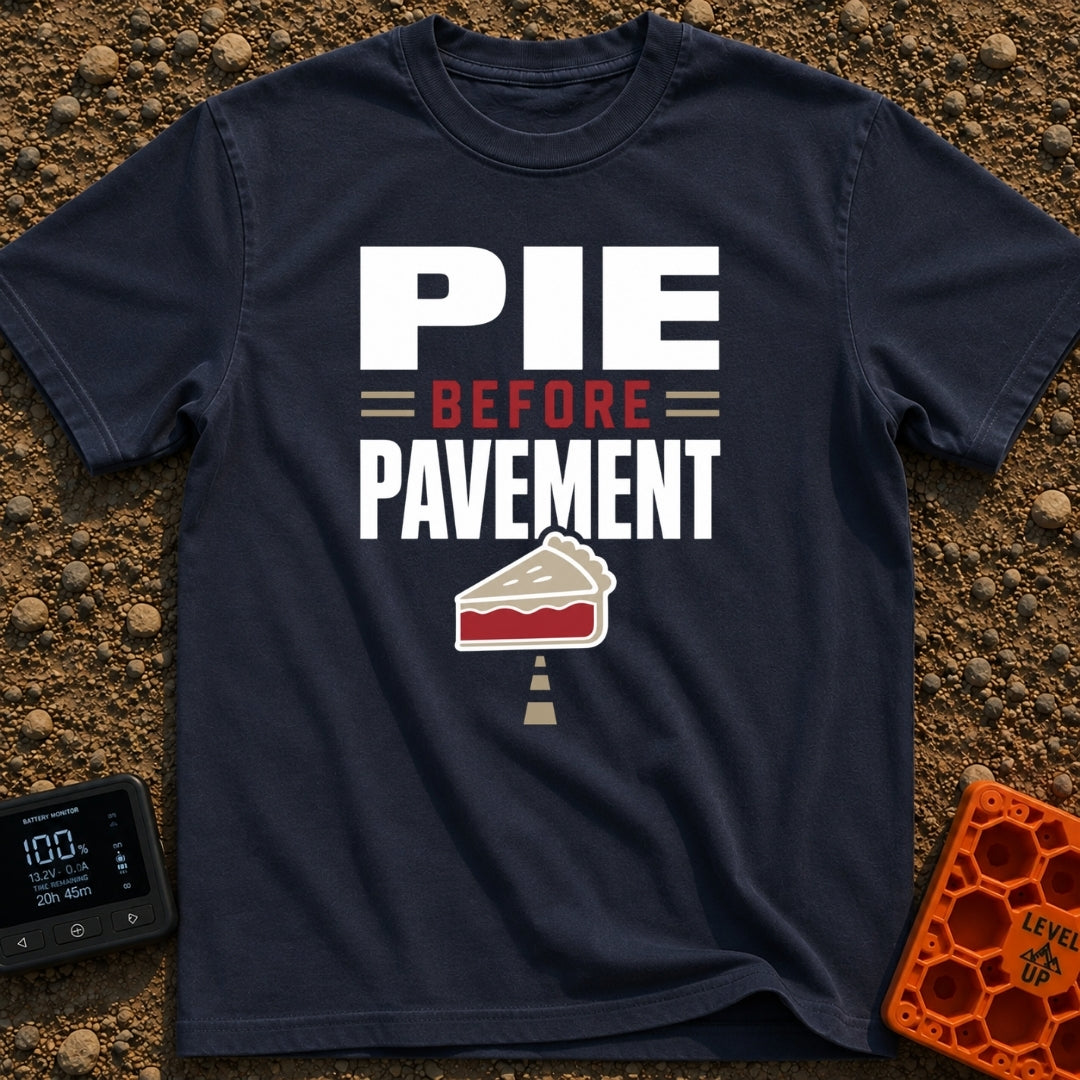 Pie Over Pavement - T-Shirt in Navy - A typographic design reading "PIE = BEFORE = PAVEMENT" above an illustration of a...
