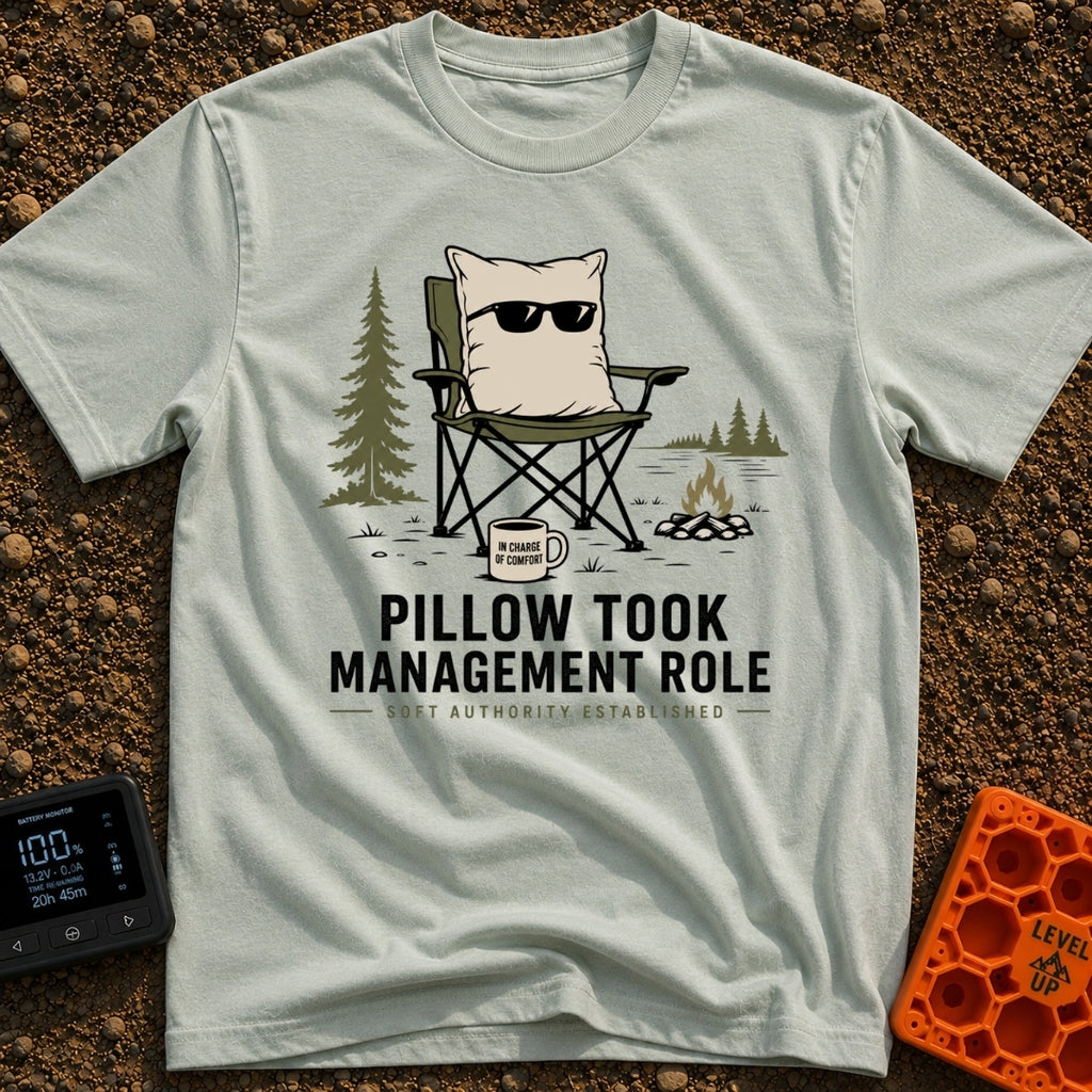 Pillow CEO Vibes - T-Shirt in Bay - A cartoon illustration of a large pillow wearing sunglasses sitting in a green...