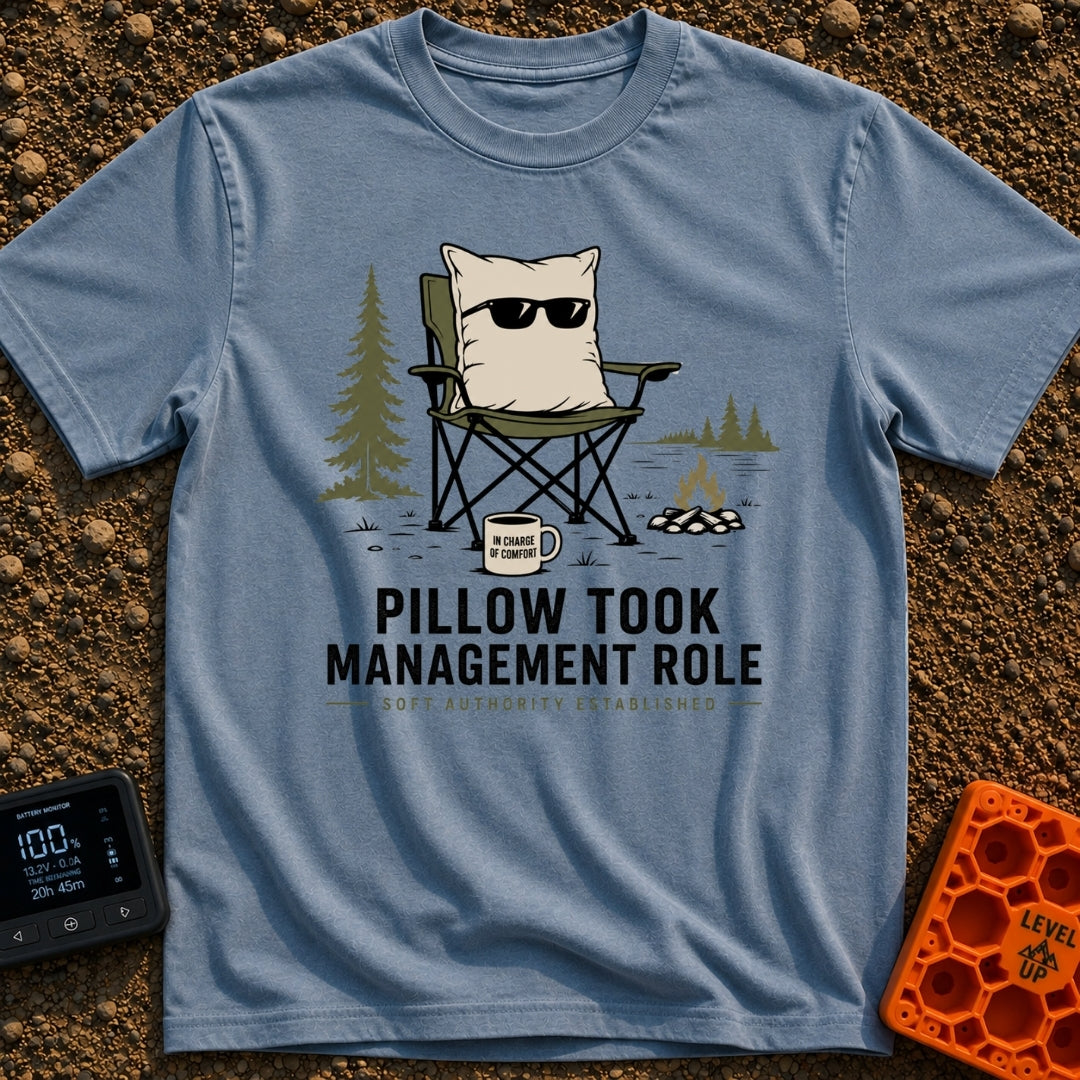 Pillow CEO Vibes - T-Shirt in Blue Jean - A cartoon illustration of a large pillow wearing sunglasses sitting in a green...