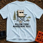 Pillow CEO Vibes - T-Shirt in Chambray - A cartoon illustration of a large pillow wearing sunglasses sitting in a green...