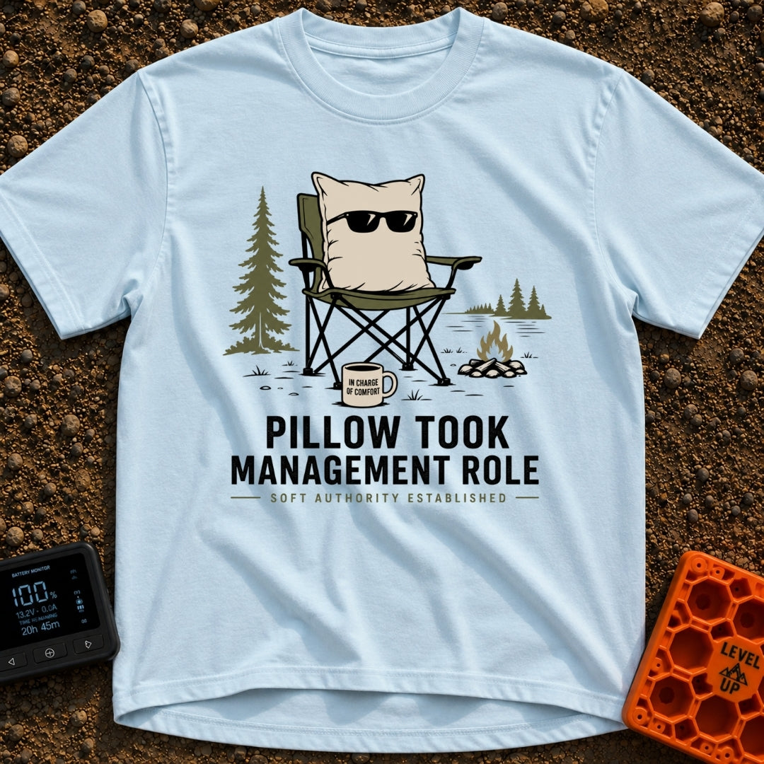 Pillow CEO Vibes - T-Shirt in Chambray - A cartoon illustration of a large pillow wearing sunglasses sitting in a green...