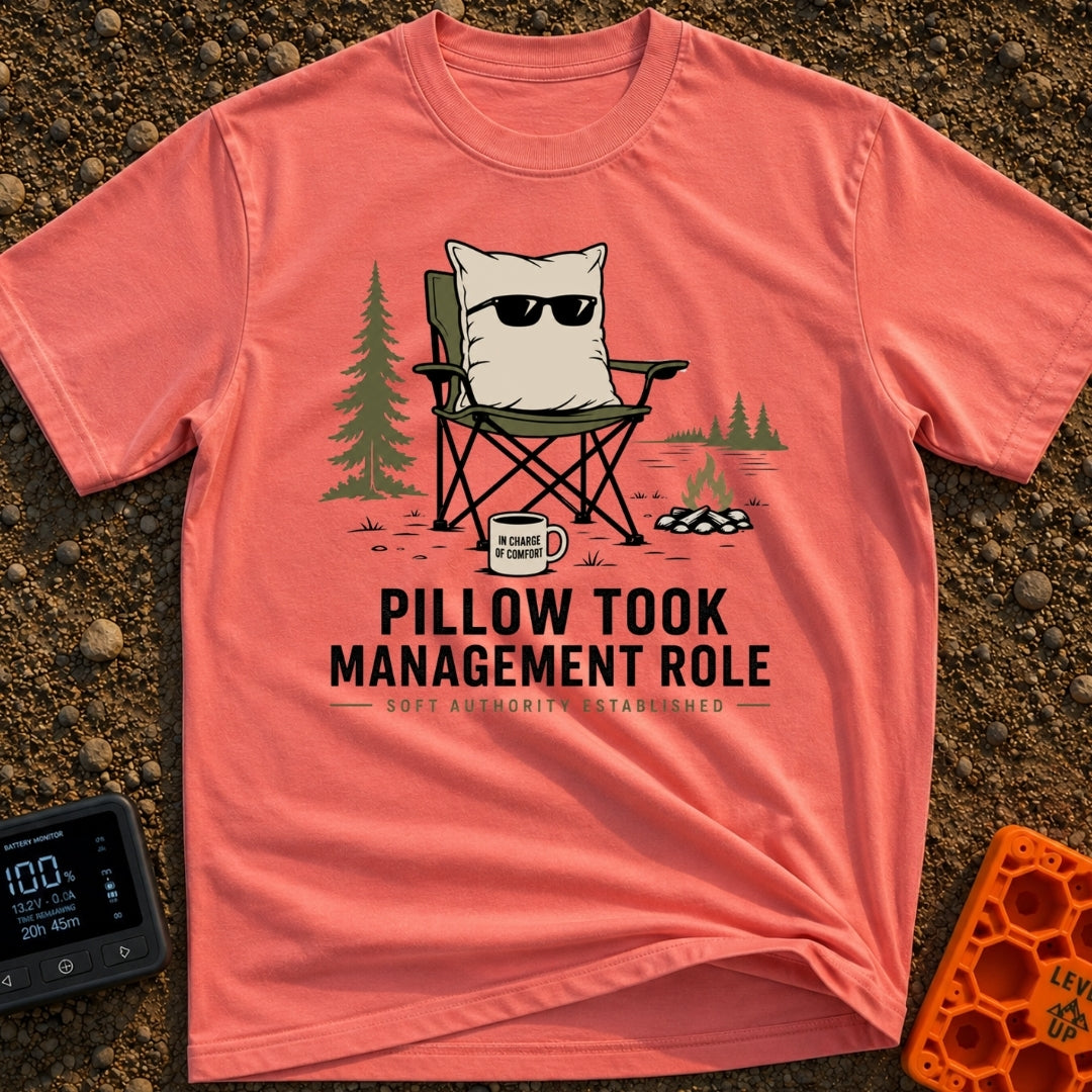 Pillow CEO Vibes - T-Shirt in Watermelon - A cartoon illustration of a large pillow wearing sunglasses sitting in a green...