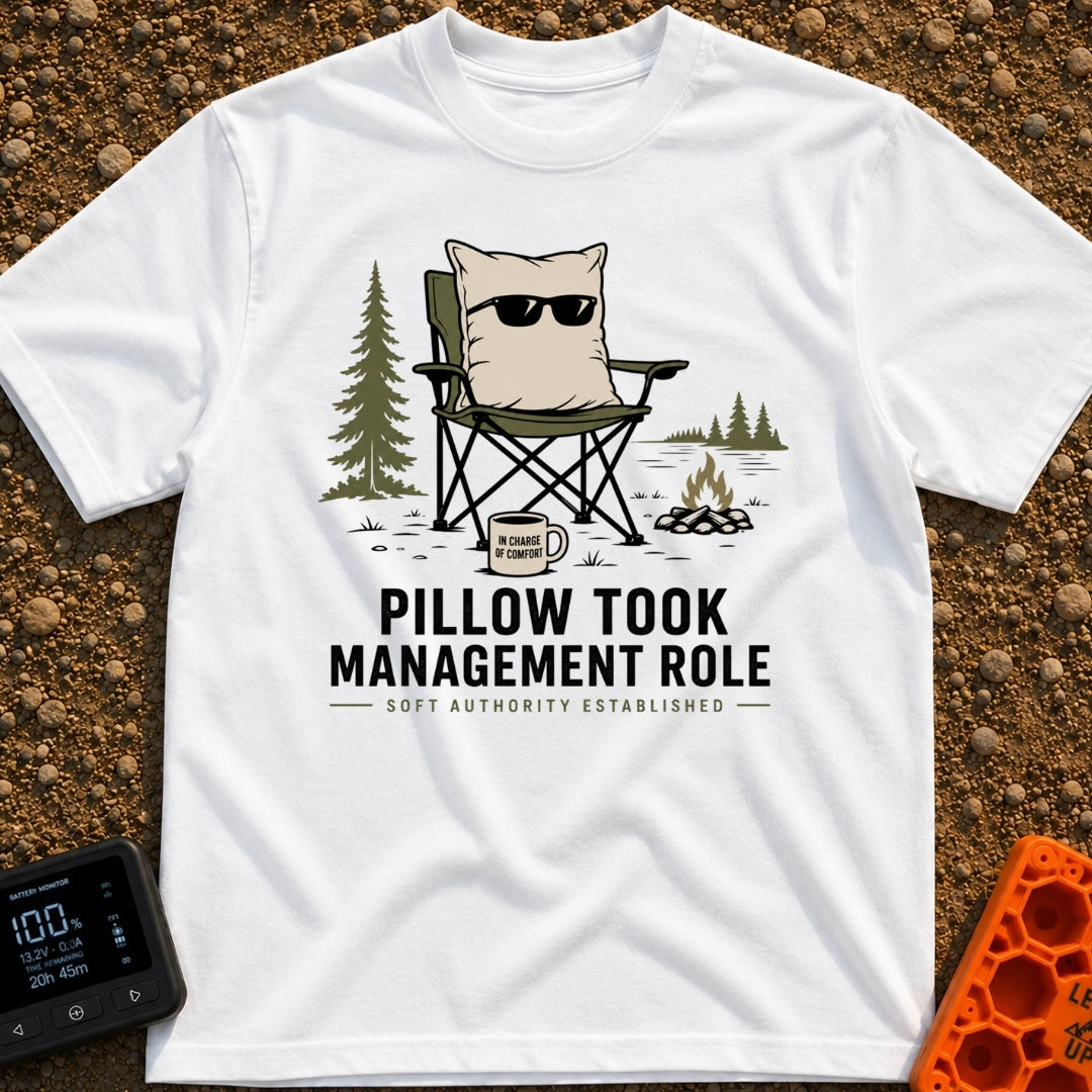 Pillow CEO Vibes - T-Shirt in White - A cartoon illustration of a large pillow wearing sunglasses sitting in a green...