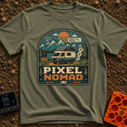 Roaming In Low Res - T-Shirt in Moss - A pixel-art style illustration of a camper van with a roof-mounted solar panel...