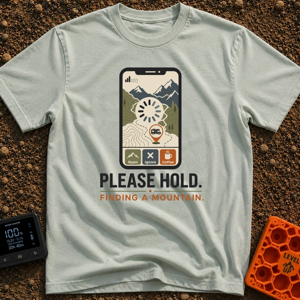 Roam While Loading - T-Shirt in Bay - A graphic of a smartphone displaying a topographic map with mountains, an RV...
