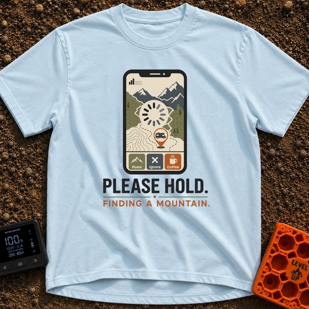 Roam While Loading - T-Shirt in Chambray - A graphic of a smartphone displaying a topographic map with mountains, an RV...