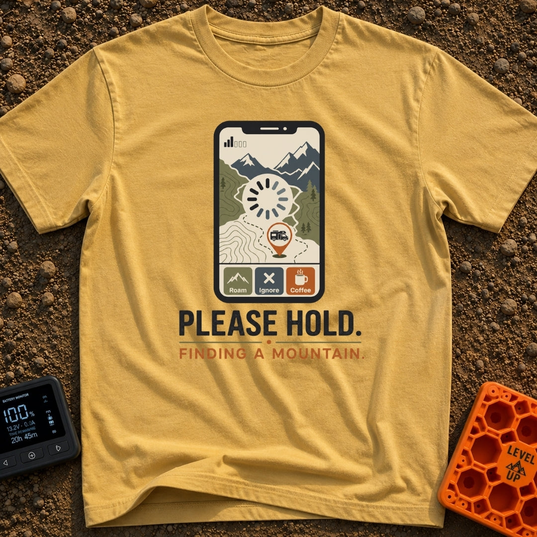 Roam While Loading - T-Shirt in Mustard - A graphic of a smartphone displaying a topographic map with mountains, an RV...