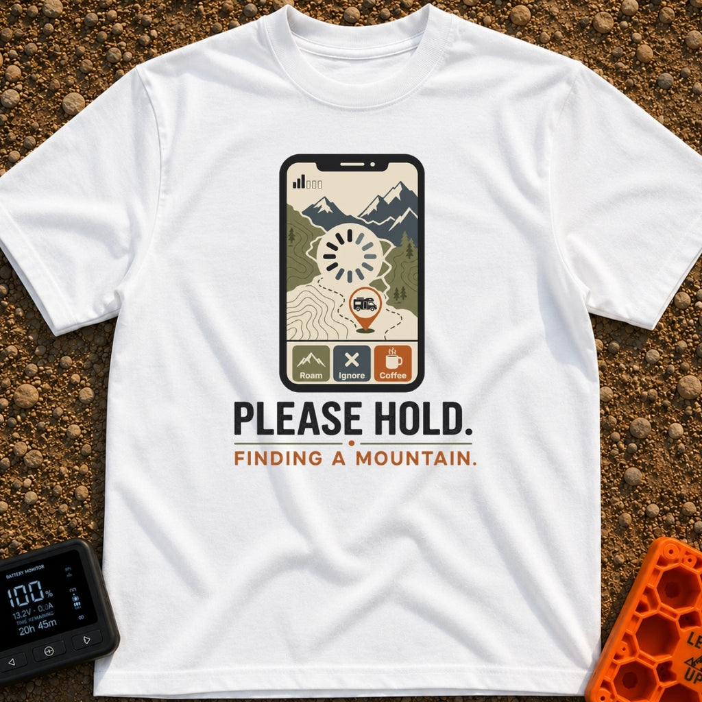 Roam While Loading - T-Shirt in White - A graphic of a smartphone displaying a topographic map with mountains, an RV...
