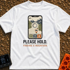 Roam While Loading - T-Shirt in White - A graphic of a smartphone displaying a topographic map with mountains, an RV...