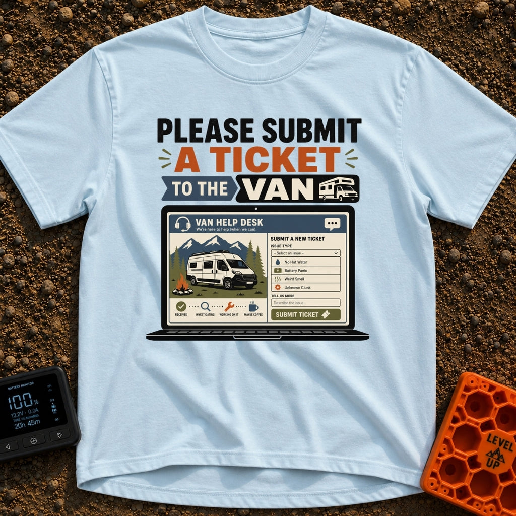 Submit A Van Ticket - T-Shirt in Chambray - A graphic of an open laptop displaying a mock "Van Help Desk" ticketing...