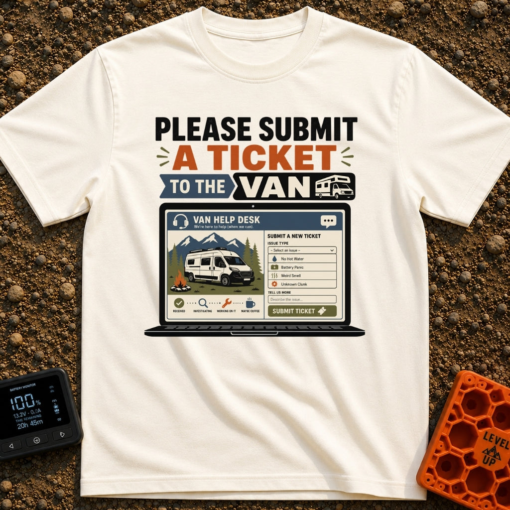 Submit A Van Ticket - T-Shirt in Ivory - A graphic of an open laptop displaying a mock "Van Help Desk" ticketing portal,...