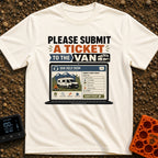 Submit A Van Ticket - T-Shirt in Ivory - A graphic of an open laptop displaying a mock "Van Help Desk" ticketing portal,...