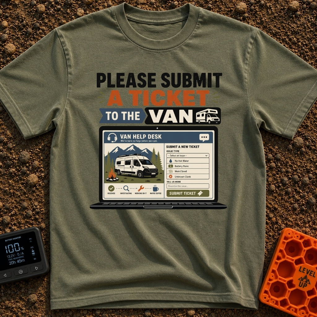 Submit A Van Ticket - T-Shirt in Moss - A graphic of an open laptop displaying a mock "Van Help Desk" ticketing portal,...