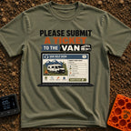 Submit A Van Ticket - T-Shirt in Moss - A graphic of an open laptop displaying a mock "Van Help Desk" ticketing portal,...