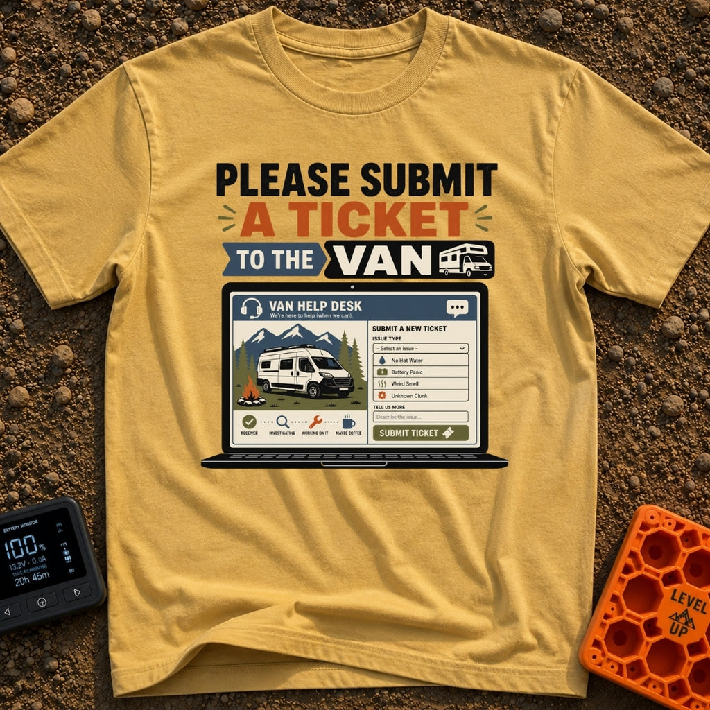 Submit A Van Ticket - T-Shirt in Mustard - A graphic of an open laptop displaying a mock "Van Help Desk" ticketing...