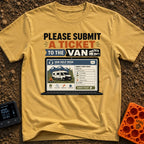 Submit A Van Ticket - T-Shirt in Mustard - A graphic of an open laptop displaying a mock "Van Help Desk" ticketing...