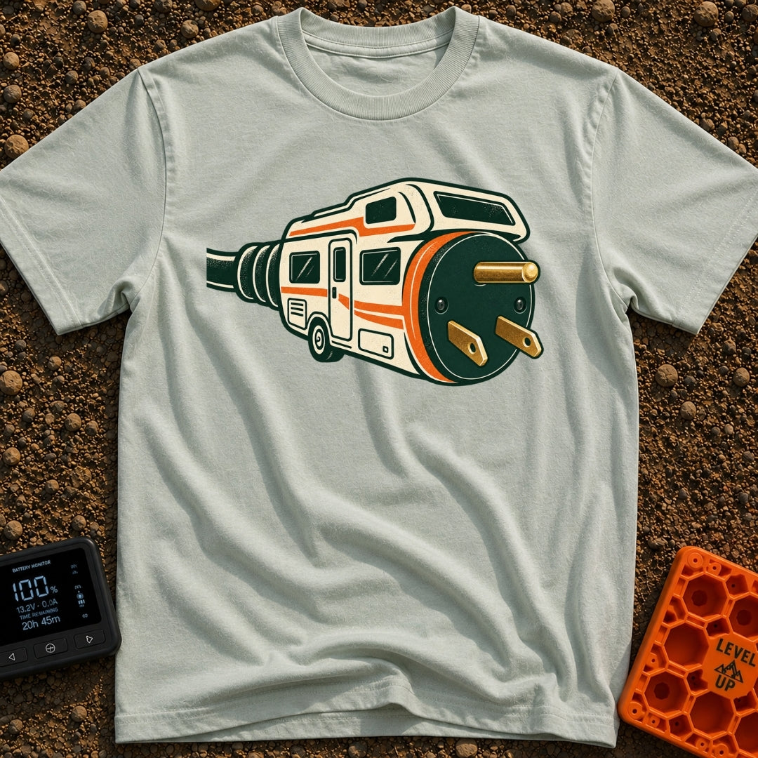 Wired For Wandering - T-Shirt in Bay - A stylized illustration of a white and orange RV that merges into a giant...