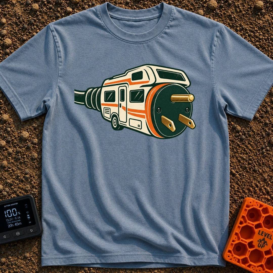 Wired For Wandering - T-Shirt in Blue Jean - A stylized illustration of a white and orange RV that merges into a giant...