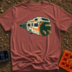 Wired For Wandering - T-Shirt in Brick - A stylized illustration of a white and orange RV that merges into a giant...