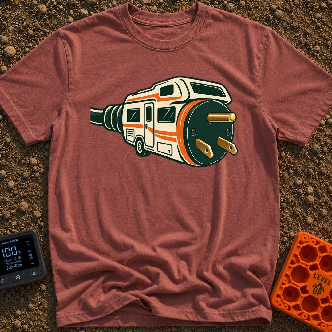 Wired For Wandering - T-Shirt in Brick - A stylized illustration of a white and orange RV that merges into a giant...