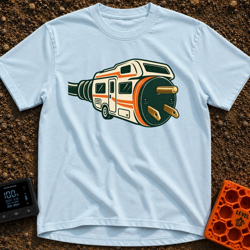 Wired For Wandering - T-Shirt in Chambray - A stylized illustration of a white and orange RV that merges into a giant...