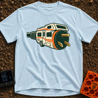 Wired For Wandering - T-Shirt in Chambray - A stylized illustration of a white and orange RV that merges into a giant...