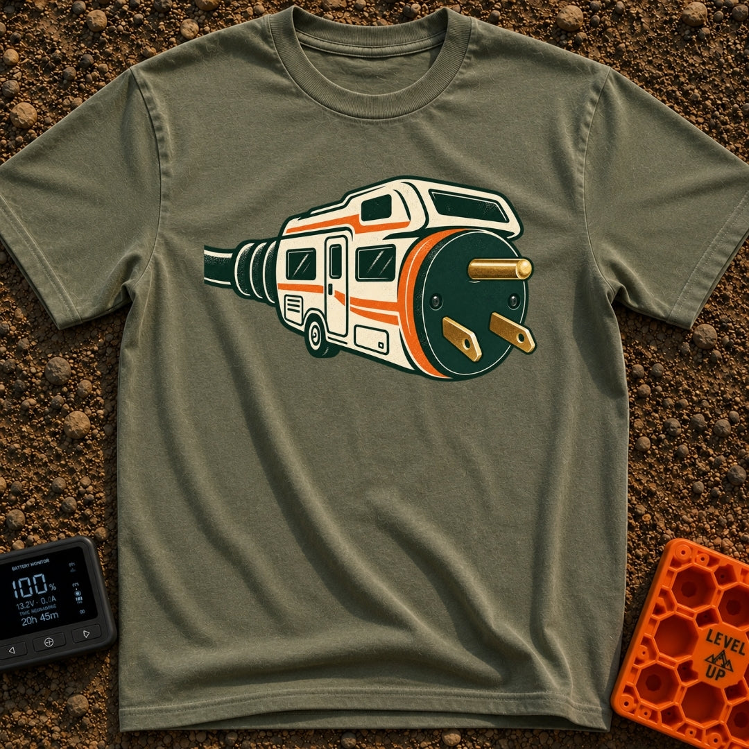 Wired For Wandering - T-Shirt in Moss - A stylized illustration of a white and orange RV that merges into a giant...