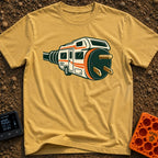 Wired For Wandering - T-Shirt in Mustard - A stylized illustration of a white and orange RV that merges into a giant...