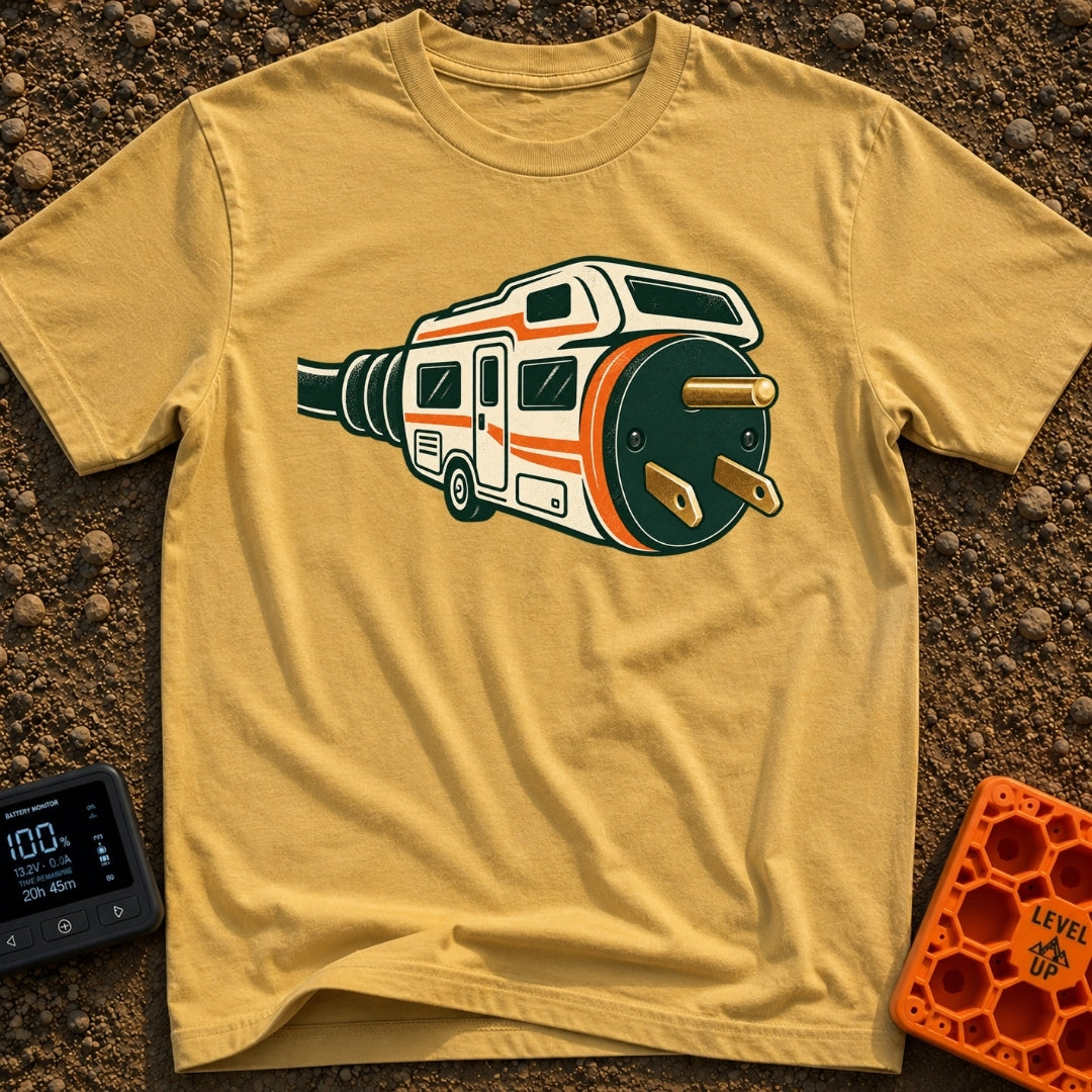 Wired For Wandering - T-Shirt in Mustard - A stylized illustration of a white and orange RV that merges into a giant...