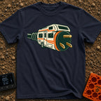 Wired For Wandering - T-Shirt in Navy - A stylized illustration of a white and orange RV that merges into a giant...