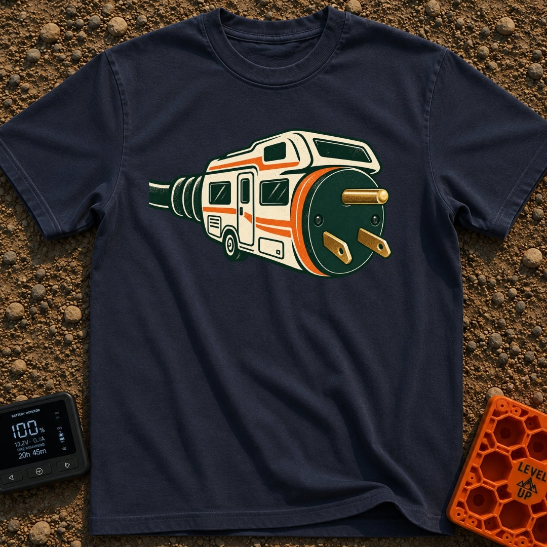 Wired For Wandering - T-Shirt in Navy - A stylized illustration of a white and orange RV that merges into a giant...