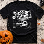 Poltergeist Parking Only - T-Shirt in Black - A black and white illustration of an off-road camper van mysteriously...