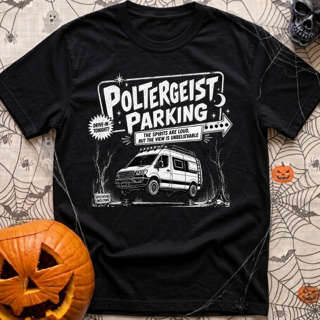 Poltergeist Parking Only - T-Shirt in Black - A black and white illustration of an off-road camper van mysteriously...