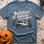 Poltergeist Parking Only - T-Shirt in Blue Jean - A black and white illustration of an off-road camper van mysteriously...