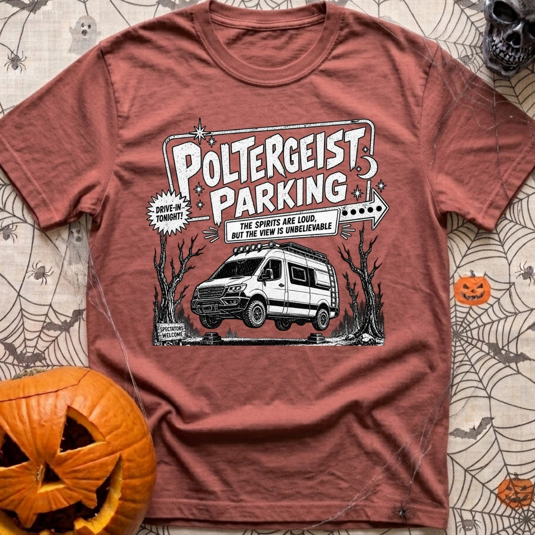Poltergeist Parking Only - T-Shirt in Brick - A black and white illustration of an off-road camper van mysteriously...