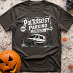 Poltergeist Parking Only - T-Shirt in Graphite - A black and white illustration of an off-road camper van mysteriously...