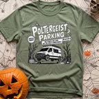 Poltergeist Parking Only - T-Shirt in Moss - A black and white illustration of an off-road camper van mysteriously...