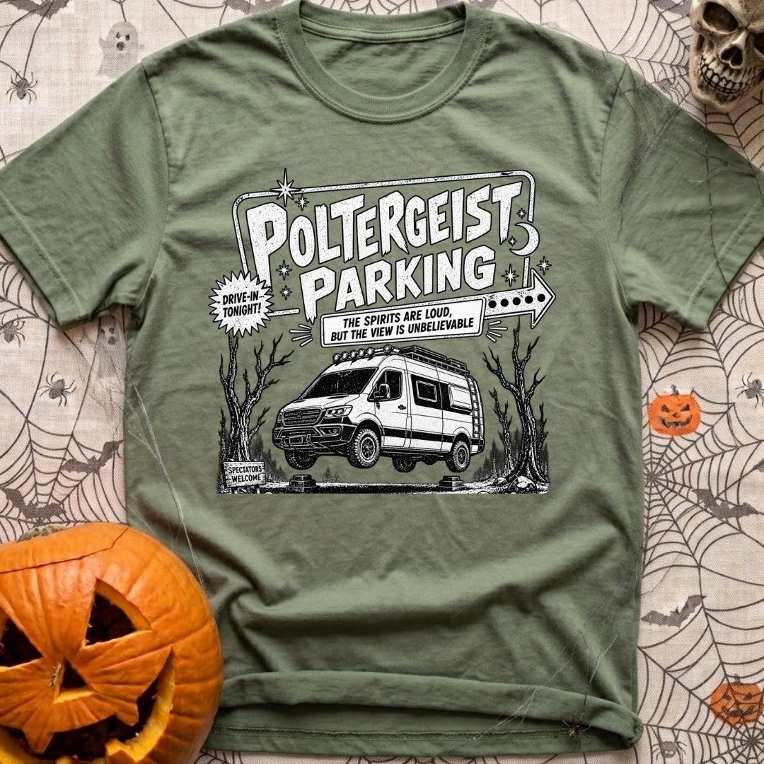 Poltergeist Parking Only - T-Shirt in Moss - A black and white illustration of an off-road camper van mysteriously...