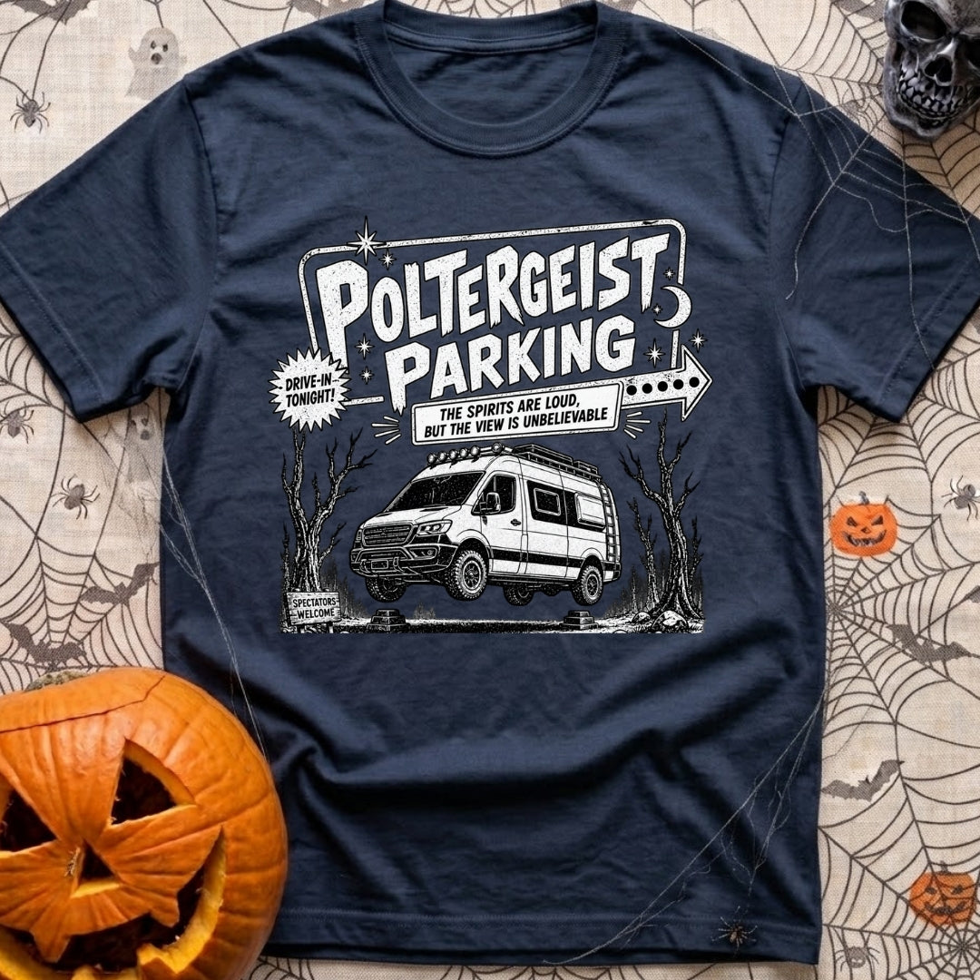 Poltergeist Parking Only - T-Shirt in Navy - A black and white illustration of an off-road camper van mysteriously...