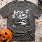 Poltergeist Parking Only - T-Shirt in Pepper - A black and white illustration of an off-road camper van mysteriously...