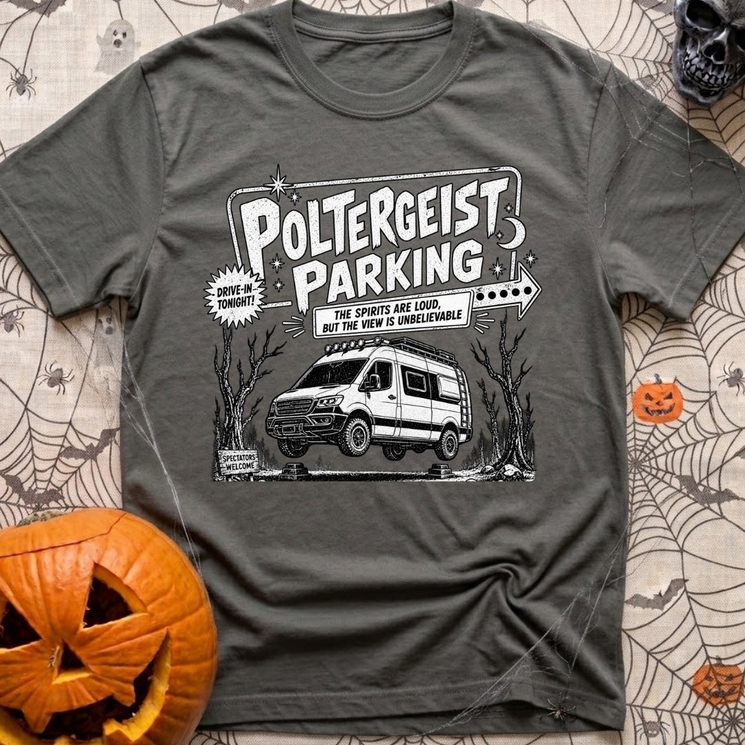 Poltergeist Parking Only - T-Shirt in Pepper - A black and white illustration of an off-road camper van mysteriously...
