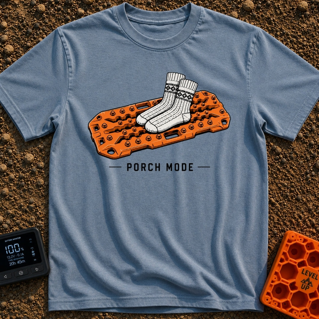 Sliding Into Porch Mode - T-Shirt in Blue Jean - An illustration of a pair of thick, patterned knit socks resting on top...