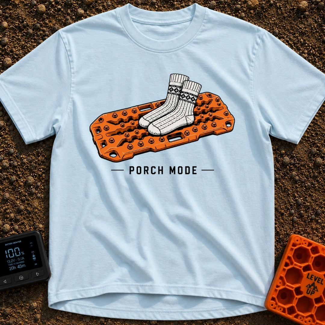 Sliding Into Porch Mode - T-Shirt in Chambray - An illustration of a pair of thick, patterned knit socks resting on top...