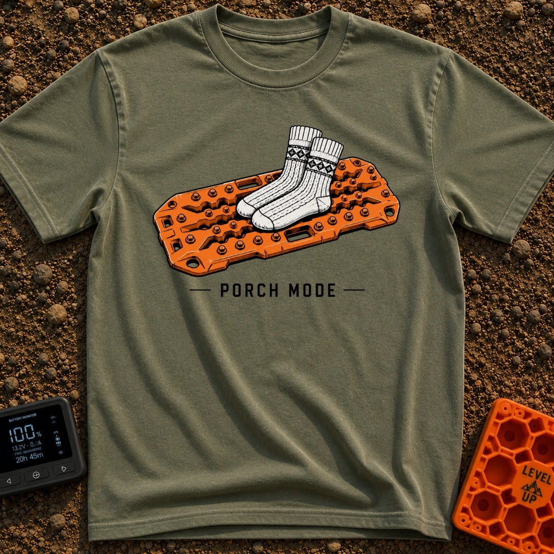 Sliding Into Porch Mode - T-Shirt in Moss - An illustration of a pair of thick, patterned knit socks resting on top of an...