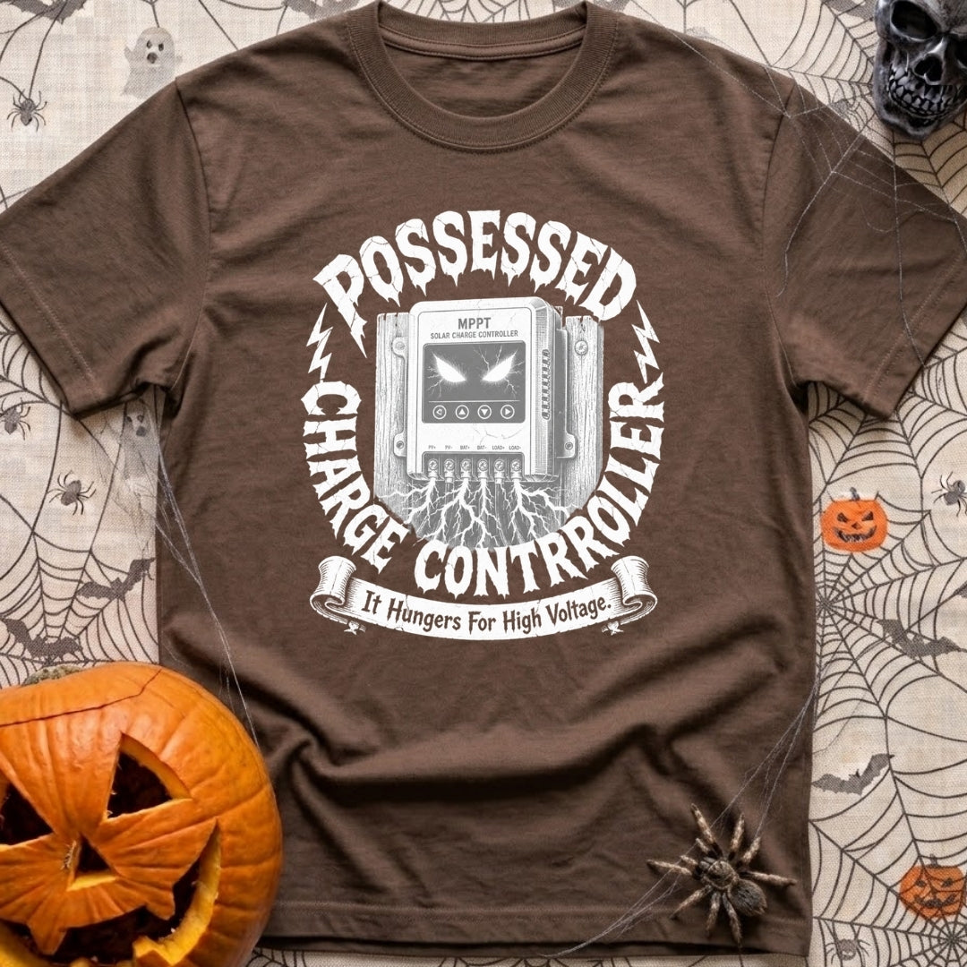Ghost In The Grid - T-Shirt in Espresso - A detailed illustration of an MPPT solar charge controller mounted on wood,...