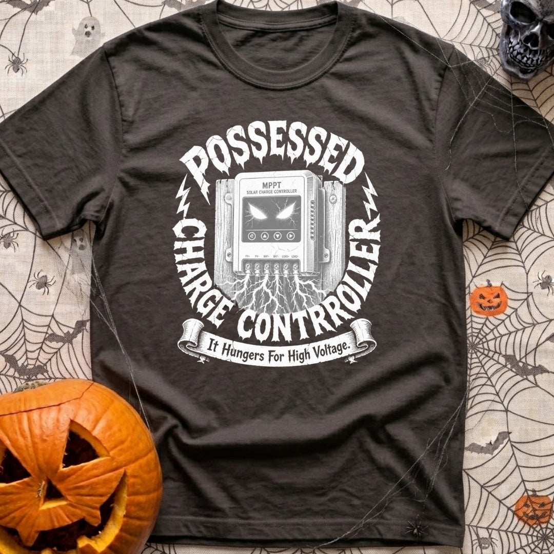 Ghost In The Grid - T-Shirt in Graphite - A detailed illustration of an MPPT solar charge controller mounted on wood,...