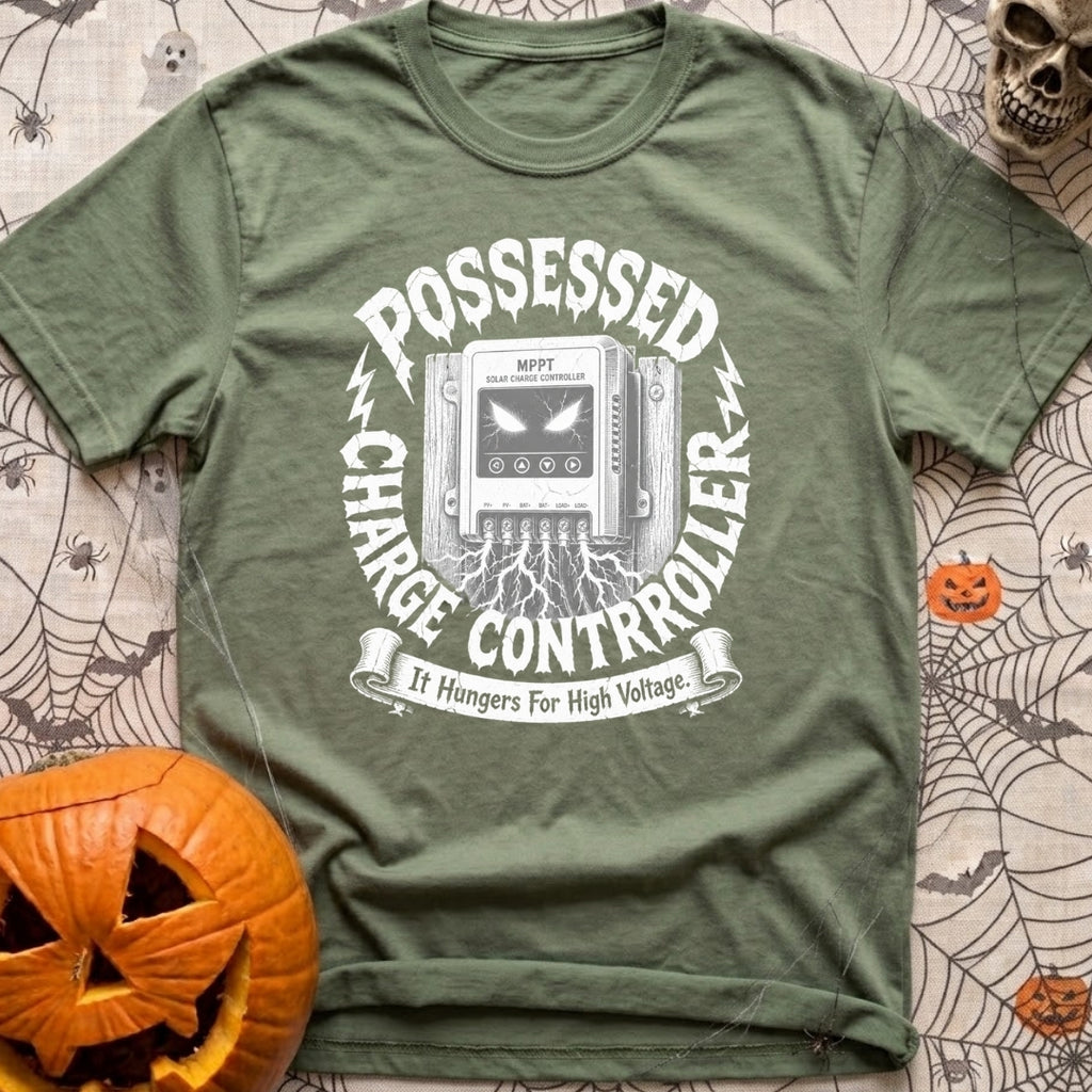 Ghost In The Grid - T-Shirt in Moss - A detailed illustration of an MPPT solar charge controller mounted on wood,...