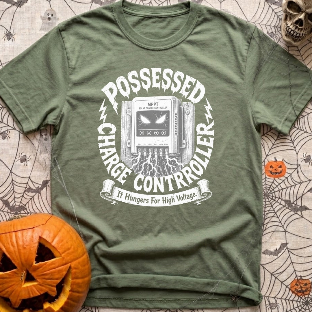 Ghost In The Grid - T-Shirt in Moss - A detailed illustration of an MPPT solar charge controller mounted on wood,...