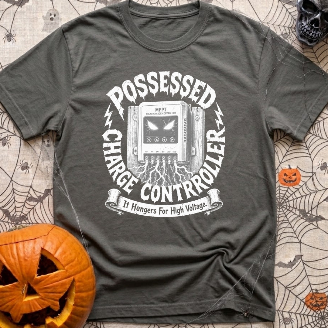 Ghost In The Grid - T-Shirt in Pepper - A detailed illustration of an MPPT solar charge controller mounted on wood,...